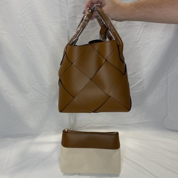 Caramel Woven Leather Bucket Bag, Loop Handles, Removable Shoulder Strap, NWOT - Picture 2 of 16